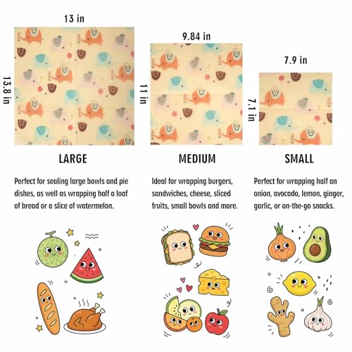 Beeswax Wraps for Food, Elephant 3 Pack (S, M, L) Reusable Food Wraps, Bread Sandwich Wrap, Zero Waste, Organic, Plastic-Free Food Storage Wrap - color: Elephant