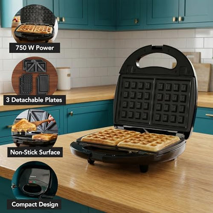OVENTE Electric Sandwich, Panini and Waffle Maker Set with 3 Removable Non-Stick Plates, 750 Watts, Perfect for Grilled Cheese, Tuna Melts, Burgers, Steaks and Snacks, Black GPI202B - color: GPI202B