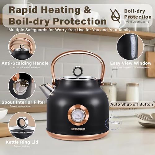 Retro Electric Kettle, 1.7L Stainless Steel Tea Kettle with Large Temperature Gauge, 1500W Fast Heating Hot Water Boiler with LED Indicator, Auto Shut-off & Boil-Dry Protection-Reteo Black - color: Retro Black