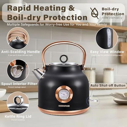 Retro Electric Kettle, 1.7L Stainless Steel Tea Kettle with Large Temperature Gauge, 1500W Fast Heating Hot Water Boiler with LED Indicator, Auto Shut-off & Boil-Dry Protection-Reteo Black - color: Retro Black