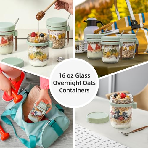 LANDNEOO 4 Pack Overnight Oats Containers with Lids and Spoons, 16 oz Glass Mason Jars with Airtight Lids, Overnight Oats Jars for Milk, Cereal, Fruit-Green - color: Green