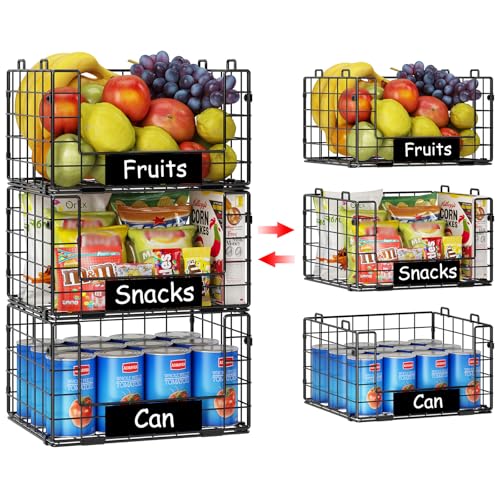 JKsmart 3 Pack XL Stackable Wire Baskets for Pantry Organizers and Storage, Fruit Basket for Kitchen Counter with Handle, Muti-Purpose for Snack Organizer & Vegetable Basket & Metal Pantry Bin - size: XL-12.2"x9.85"x21.5"