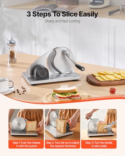 VEVOR Manual Bread Slicer, 0-0.6" Adjustable Thickness Cheese Cutter, Hand Cranked Slicer for Homemade Bread - with Serrated Stainless Steel Blade for Kitchen, Restaurant, Bakery, Party - size: 12.2 x 10.04 x 7.48 in