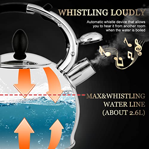 SUSTEAS Stove Top Whistling Tea Kettle - Food Grade Stainless Steel Teakettle Teapot with Cool Touch Ergonomic Handle, With 1 Silicone Pinch Mitt Included,2.64 Quart(SILVER) - color: Silver