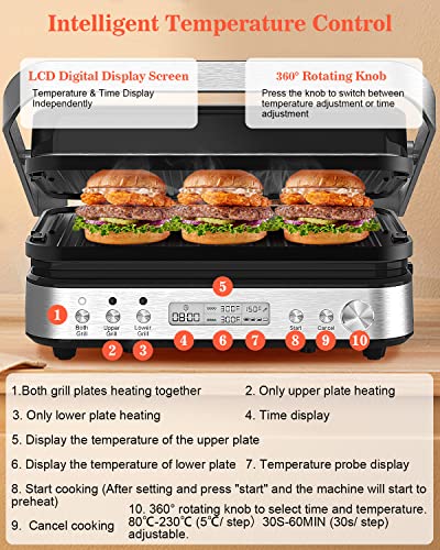 CATTLEMAN Panini Press Grill Sandwich Maker with Removable Plates, 1600W, 5 in 1 Smokeless Indoor Grill & Griddle with Meat Thermometer, Electric Contact Grills for Kitchen, Stainless Steel - color: Silver with Reversible Plates