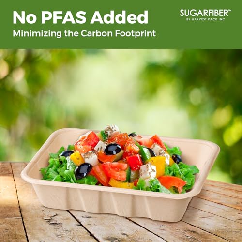 [100 COUNT]Harvest Pack 32 oz Compostable Food Trays, 8.49" x 6.45" x 1.86" Disposable PFAS FREE Food Container, Bagasse Rectangle Paper Plates, Sugarcane Eco-Friendly Plant Fibers, No Lids included