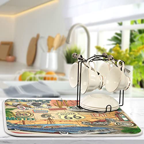 senya Super Absorbent Dish Drying Mat, Microfiber Fast-Drying Dish Mat, 24'' x 18'', Kitchen Dish Drying Pad, Retro Route 66 Poster, (g289343280p523c558s1114) - color: Retro Route 66 Poster, size: 18" x 24"