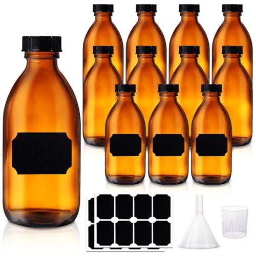 12 Pack 8 OZ Amber Glass Bottles for Vanilla Extract, 250 ML Refillable Empty Dispensing Bottles with Lids for 2nd Fermentation, Kombucha Brewing, Homemade Solutions