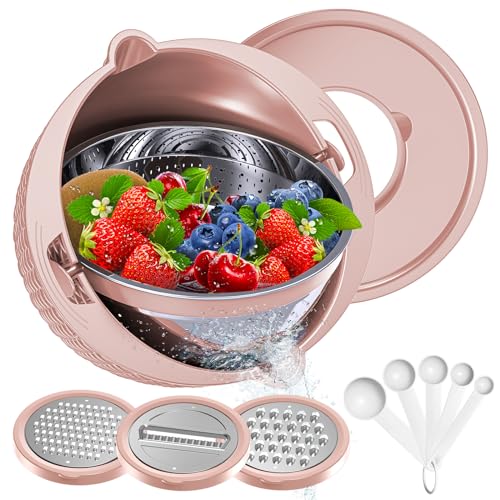 4-1 Colander with Bowl & Spoons Set - Food Strainer with New Upgraded Graters & Spoons - Colanders for kitchen(Patented) - Strainer for Fruit Pasta Veggie, Funny Presents for Women, Pink - color: Pink