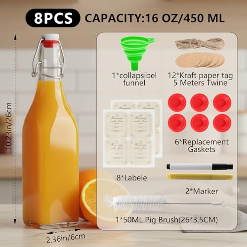 Ruckae Square Swing Top Glass Bottles with Lids Kombucha Coquito Flip Top Glass Bottle for Syrup Vanilla Extract Brew Beer Kefir Air Tight Bottles for Gift (16 oz 8 pack) - size: 16 oz 8 pack