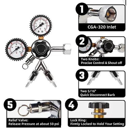 TMCRAFT Kegerator Tower Kit, Double Tap Beer Conversion Kit, Stainless Steel Beer Tower with Dual Gauge CGA-320 Regulator & D-System Keg Coupler for Bars, Pubs, and Restaurants