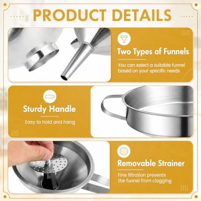 2 Sets Kitchen Stainless Steel Funnel Set Filter Funnel Wide Mouth and Narrow Mouth Each with Removable Fine Mesh Strainer Food Grade Cooking Kitchen with Handles for Liquids Jars Bottles