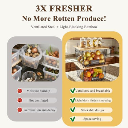 【XXL Big Size】1 Pack Stackable Wire Storage Baskets with Bamboo Lid- Pantry Cabinet Organization, Kitchen Counter Basket for Fruit Vegetable -Large Metal Bin for Pantry Organization and Storage, Black - size: 1 PACK