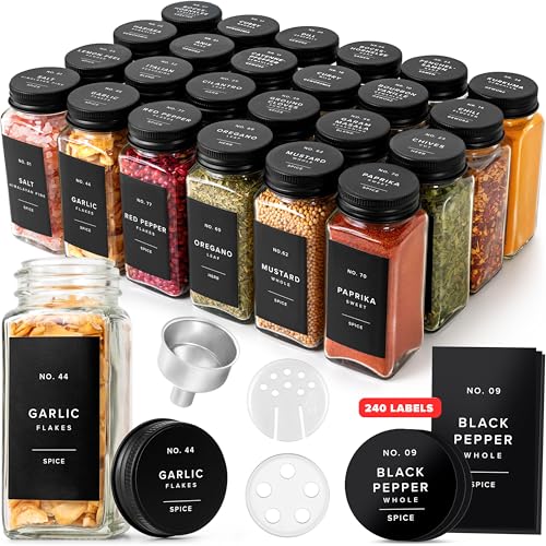 EDELHAUS Glass Spice Jars with Label and Black Aluminium Lids (24 x 4oz) Spice Containers with 240 Labels, Shaker Inserts, Steel Funnel, Empty Square Seasoning Organizer (Black Aluminium Lid) - color: Black Aluminum Lid