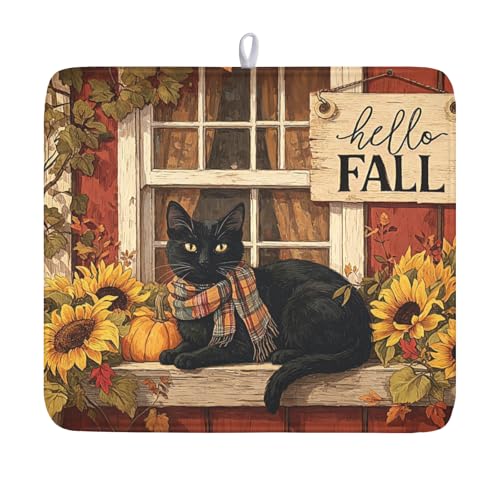 Fall Dish Drying Mat for Kitchen Counter Vintage Autumn Cat Sunflower Pumpkin Microfiber Dish Drainer Mat Rustic Farmhouse Absorbent Washable Drying Pad Extra Large 16"x18" - color: Fall Cat, size: 18" x 16"