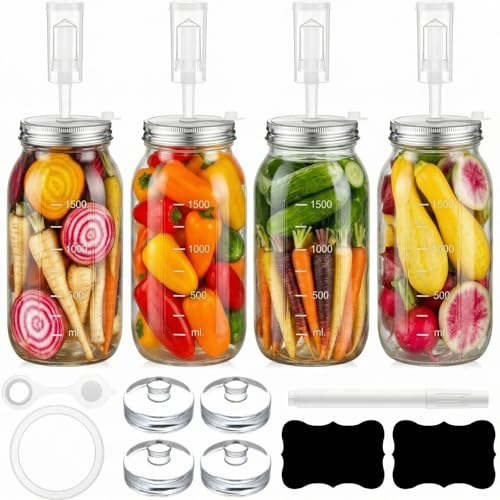 Honeydak 4 Pack Fermentation Kit, 68 oz Fermentation Jars with Fermenting Weights and Airlocks, Stainless Steel Lids, Pickle Jar for Sauerkraut, Vegetables and Other Fermented Foods - size: 68 oz