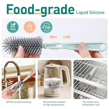 Baby Bottle Brush Set, 6-in-1 Travel Bottle Cleaner Kit with Silicone Bottle Brush, Nipple & Straw Brush, Soap Dispenser, Drying Rack, Storage Box – Compact Baby Travel Essential for Home & On-The-Go - color: Green