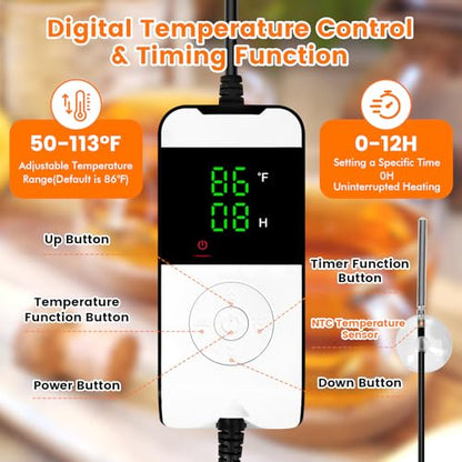 Kombucha Heating Wrap with Digital Thermostat - Fermentation Heating Pad for Kombucha Warmer, Equipped with an NTC Temperature Sensor & Suction Cup, Suitable for 1 Gallon 2 Gallon 3 Gallon
