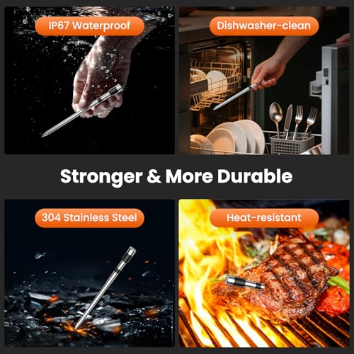 Wireless Meat Thermometer Digital-5.3 Bluetooth for Stable 800ft APP Control (iOS&Android), 10mins Charge for 24H Use Meat Probe, Accuracy ±0.5°F, Instant Read Meat Thermometer for BBQ, Grill, Oven