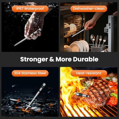 Wireless Meat Thermometer Digital-5.3 Bluetooth for Stable 800ft APP Control (iOS&Android), 10mins Charge for 24H Use Meat Probe, Accuracy ±0.5°F, Instant Read Meat Thermometer for BBQ, Grill, Oven