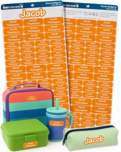 Bunny Badges Personalized Daycare Name Labels for Kids (120 Labels) Custom Label for Clothing Tag - Waterproof Name Stickers for Clothing Tags, Bottles, Backpacks and School Supplies (Bright Orange) - color: Bright Orange