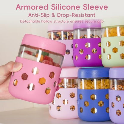 Gemice 6-Pack 16 oz Overnight Oats Containers with Lids and Silicone Sleeves, Glass Mason Jars with Airtight Lid, Dishwasher Safe, Wide Mouth Chia Seed Pudding Meal Prep Jar for Yogurt Berries Snack - color: Purple, size: 16oz, 6-Pack
