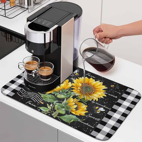 Sunflower Country Dish Drying Mat for Kitchen Counter, Florals Bee Farmhouse Black Buffalo Plaid Super Absorbent Draining Mat Rubber Backing Dish Rack Pad for Dishes, Coffee Bar, Sinks, 12"x16" - color: Yellow Black, size: 16" x 12"