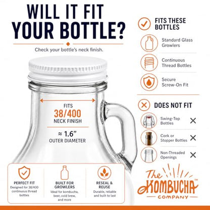 Metal Growler Caps (3 Pack) - For 1-Gallon & 1/2-Gal Sized Glass Jugs - 1.5" (38mm) Dia, Made in USA - Beer/Kombucha/Homebrew Bottle - Food Grade Lid w/Continuous Thread & Plastisol Liner - color: White