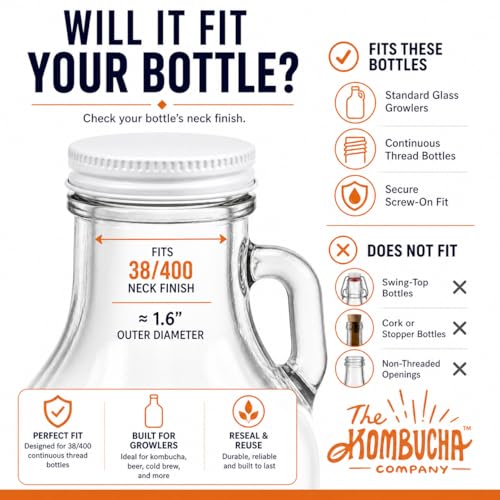 Metal Growler Caps (3 Pack) - For 1-Gallon & 1/2-Gal Sized Glass Jugs - 1.5" (38mm) Dia, Made in USA - Beer/Kombucha/Homebrew Bottle - Food Grade Lid w/Continuous Thread & Plastisol Liner - color: White