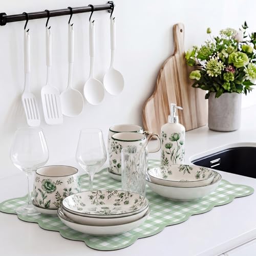 Scalloped Gingham Coffee Mat 12" x 20" Absorbent Coffee Bar Mat Gingham Espresso Matt for Counter(Green) - color: Green