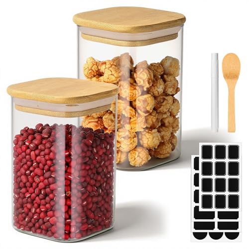 Square Glass Storage Jars, 19 Fl.oz Glass Jars with Bamboo Lids Set of 2, Food Canisters with Airtight Lids, for Coffee Bean, Sugar, Tea, Candy, Cookies - Included Labels, Marker and Spoon - color: 2 Pack, size: 19 fl.oz
