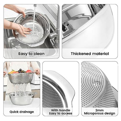 Paoli 304 Stainless Steel Fine Mesh Colander Set, 3.5QT Large Capacity Strainer with Mixing Bowl — Rinse Fruits, Veggies, Rice & Drain Pasta, Dishwasher Safe (2-Piece) - color: Primary color with handle, size: 3.5qt