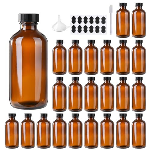 24 Pack 4 oz Amber Boston Glass Bottle with Black Poly Cap, Funnel, Chalk Labels, Pen for Homemade Vanilla Extract, Essential Oils, Wedding, Christmas, Holiday Gift - size: 4oz 24Pack