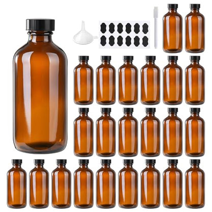 24 Pack 4 oz Amber Boston Glass Bottle with Black Poly Cap, Funnel, Chalk Labels, Pen for Homemade Vanilla Extract, Essential Oils, Wedding, Christmas, Holiday Gift - size: 4oz 24Pack