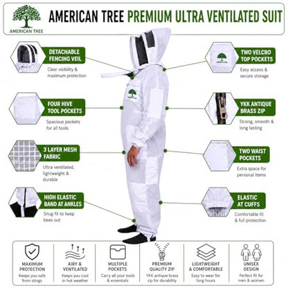 3 Layers Beekeeping Suit for Men and Women, Ventilated Mesh Full Body Protective Gear, (White, Medium) - size: Medium