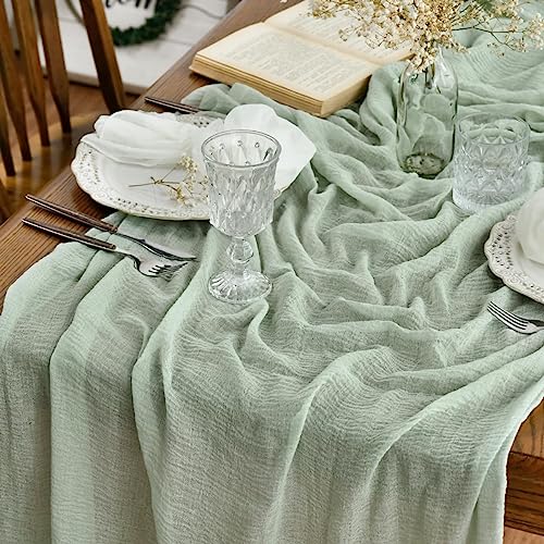 Artoid Mode Boho Cheesecloth Gauze Sage Green Wedding Table Runner, 120 Inch Seasonal Fabric Kitchen Dining Holiday Table Decor for Home Party Indoor - color: Sage Green, size: 120"