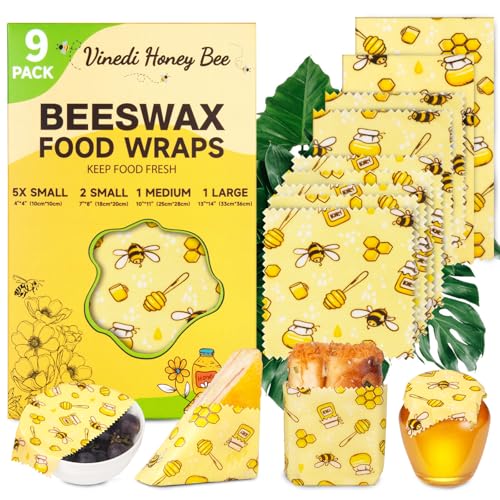 Reusable Beeswax Food Wraps, 9 Pack - Assorted Sizes (XS,S, M, L) | Organic Cotton, Eco Friendly, Plastic Free | Honeycomb Design - color: Yellow