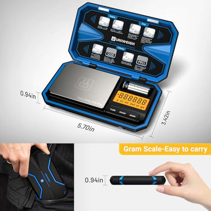 UNIWEIGH Digital Pocket Scale 200g/0.01g, Digital Gram Scale Precision | Mini Jewelry Scales digital weight grams with 50g Cal Weights for food,Jewelry,Coins,small items,(Battery Included)-Blue - color: Blue