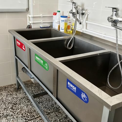 5pcs Wash Rinse Sanitize Sink Labels, 9x3in Waterproof Hand Washing Stickers for 3 Compartment Sinks for Commercial Kitchens Restaurants Food Trucks & Dishwashing Stations