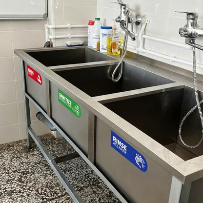 5pcs Wash Rinse Sanitize Sink Labels, 9x3in Waterproof Hand Washing Stickers for 3 Compartment Sinks for Commercial Kitchens Restaurants Food Trucks & Dishwashing Stations