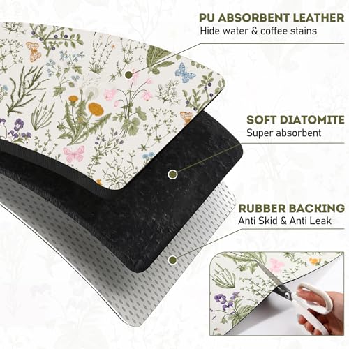 LemonRoad Dish Drying Mat for Kitchen Counter, 12"x20" Absorbent Coffee Bar Mat with Spring Floral Design, Fast-dry Diatomite Drainer Drying Mats with Non-slip Backing for Kitchen Sink Countertop - style: Floral Pattern