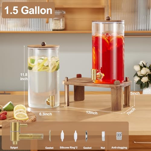 FavorFlavor 5.8L(1.5갤런) 음료 디스펜서: 2P 유리 디스펜서, 나무 스탠드 포함 | 6L 대용량 - 레모네이드/주스/썬티용 스테인리스 스틸 수도꼭지 음료 용기 - 홈 모임 및 파티 음료에 이상적