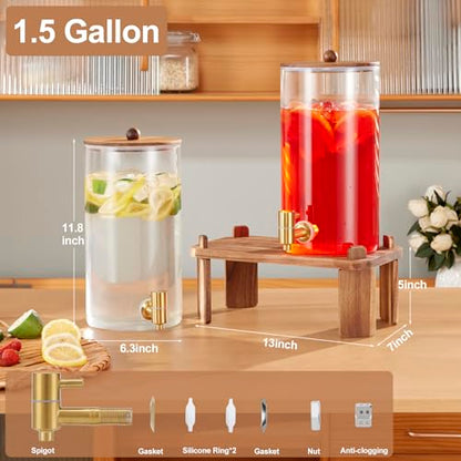 FavorFlavor 5.8L(1.5갤런) 음료 디스펜서: 2P 유리 디스펜서, 나무 스탠드 포함 | 6L 대용량 - 레모네이드/주스/썬티용 스테인리스 스틸 수도꼭지 음료 용기 - 홈 모임 및 파티 음료에 이상적