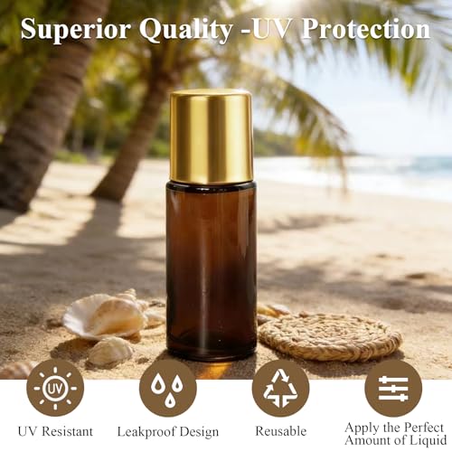 28 Pack 50ml Roller Bottles for Essential Oils - Refillable Amber Glass Roll Bottles with Roller Ball and Golden Caps for Travel, Perfume, and Personal Care