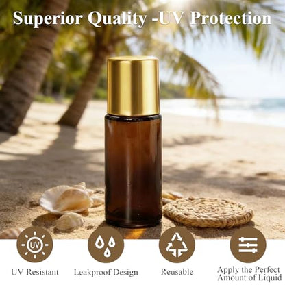 28 Pack 50ml Roller Bottles for Essential Oils - Refillable Amber Glass Roll Bottles with Roller Ball and Golden Caps for Travel, Perfume, and Personal Care