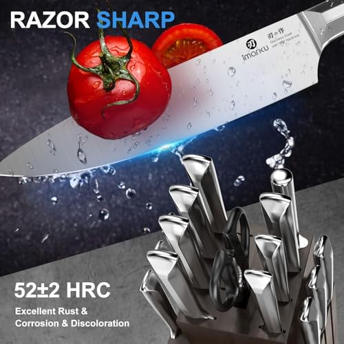 imarku Knife Set, 16Pcs Japanese Knife Set with Block & Built-in Sharpener, High Carbon Stainless Steel Kitchen Knives, Ergonomic Handle, Dishwasher Safe,Santoku Knives, Home Essentials for Gifts - color: Steel Gray