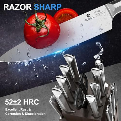 imarku Knife Set, 16Pcs Japanese Knife Set with Block & Built-in Sharpener, High Carbon Stainless Steel Kitchen Knives, Ergonomic Handle, Dishwasher Safe,Santoku Knives, Home Essentials for Gifts - color: Steel Gray