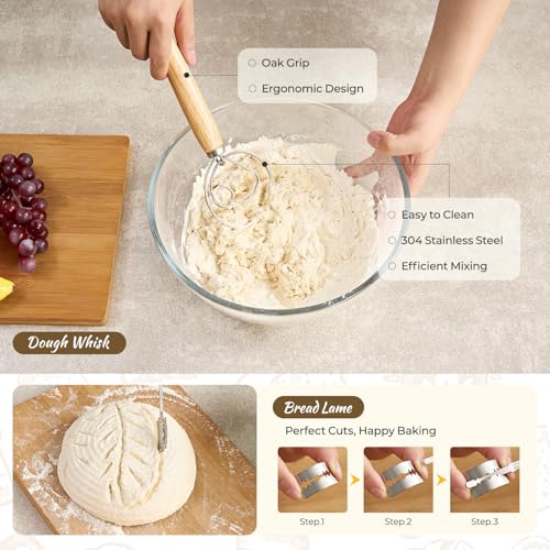 Sourdough Starter Kit, 9PCS Sourdough Breads Baking Supplies, Silicone Banneton Bread Proofing Basket Set with 9" Round & 10" Val, Bread Sling, Whisk, Bread Lame, Sour Dough Baking Tools