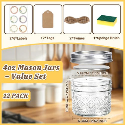 STARSIDE 4oz Mini Glass Mason Jars 12-Pack with Airtight Split Lids | Embossed Small Regular Mouth Canning Jars for Jams, Jelly, Honey, Snacks, Candy, Spices, DIY Gifts & Wedding Favors - color: Clear06-4oz
