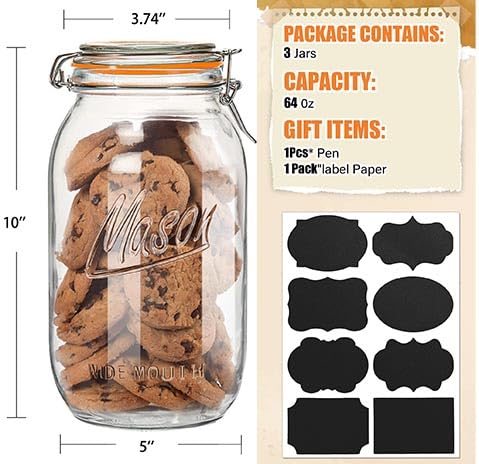 Half Gallon Mason Jars 64 oz Wide Mouth 3 Pack, Airtight Hinged Lid, BPA Free, Dishwasher Safe, for Canning, Pickling, Fermenting, Kitchen Storage, Coffee